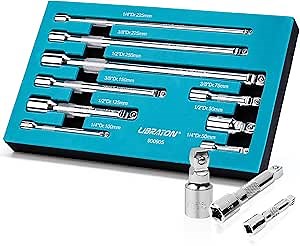 LIBRATON Wobble Extension Set, Socket Extensions Set, Ratchet Extensions 1/4", 3/8", 1/2", Cr-V, with EVA Storage Tray
