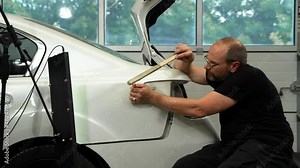 Video Process Of Repairing Dent On Car Front Fender Surface in Car Repair Shop. Technician Is Fix Damaged Car Body After Accident.