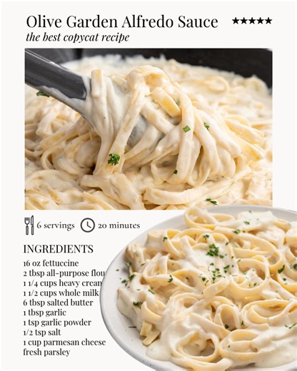🍝 Bring the restaurant favorite right to your kitchen! This rich and velvety Olive Garden Alfredo is perfect over fettuccine for a comforting weeknight dinner! 🍝 Ingredients - 16 oz fettuccine - 6 tbsp salted butter - 1 tbsp minced garlic - 1 tsp garlic powder - ½ tsp salt - 2 tbsp all-purpose flour - 1¼ cups heavy whipping cream - 1½ cups whole milk - 1 cup shredded parmesan cheese - Fresh parsley (finely chopped) | The Best Blog Recipes