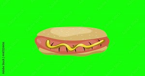 Animation Hot Dog icon isolated on green screen. Beautiful cartoon animation of fast food for your ad, menu, web banner. 4k Video motion graphic
