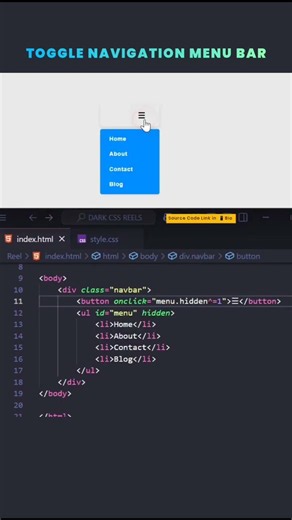 🔥 Toggle Navigation Menu Bar Using HTML & JavaScript 🚀 | Web Development #shorts