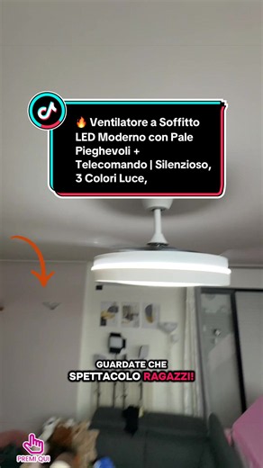 🔥 Ventilatore a Soffitto LED Moderno con Pale Pieghevoli Telecomando | Silenzioso, 3 Colori Luce, Motore Reversibile Estate/Inverno Trasforma il tuo ambiente con questo ventilatore a soffitto dal design moderno e minimalista, perfetto per chi vuole comfort e stile in un unico prodotto. Le pale pieghevoli si aprono automaticamente durante l’uso e scompaiono quando è spento, diventando una raffinata lampada LED. Dotato di 3 tonalità di luce regolabili (calda, neutra, fredda) per adattarsi a ogni 