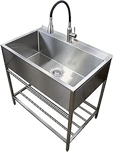 Transolid 36 in. x 22 in. x 34.3 in. 18-Gauge 304 Stainless Steel Freestanding Laundry Utility Sink with Wash Stand, Dual-Spray Faucet, Drain, and Roller Mat — Brushed Stainless (TFH-3622-SS)