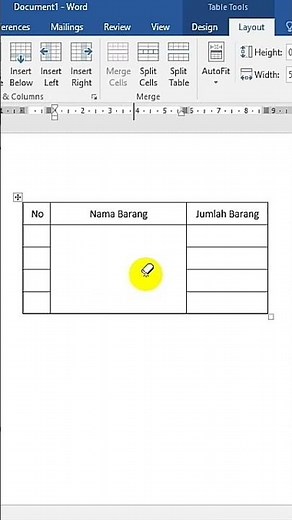 Menghapus garis tabel menggunakan tool eraser Microsoft word 2016