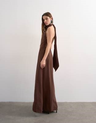Topshop halter cowl maxi dress in chocolate cupro | ASOS
