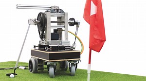 This is Golfi, the first robot to be able to autonomously spot and travel to a golf ball anywhere on a green and sink a putt – watch it in action Learn more: https://www.newscientist.com/article/2352875-watch-this-golf-robot-navigate-to-a-ball-by-itself-and-sink-a-putt/ | New Scientist