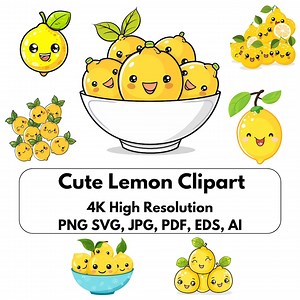 Cute Kawaii Lemon Clipart! 4K High Resolution Images of Lemon Clipart. Svg, Png, Pdf, Ai, Eps. DIY for Personal Crafts and Commercial Use - Etsy