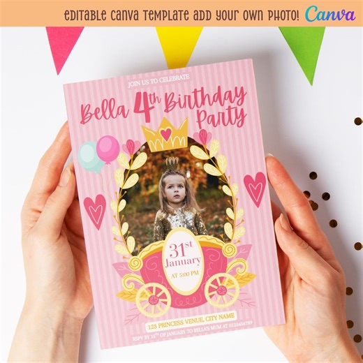 Princess Birthday Invitation Canva Template | Personalised Princess Invite With Photo - Etsy