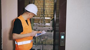 Engineer repairman construction worker checks the operation of the elevator according to the design documentation. Breakdown of the elevator car mechanism.