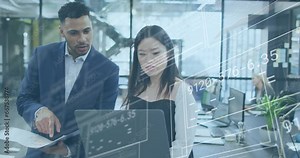 Animation of graphs, changing numbers, loading circles, square, diverse coworkers discussing reports