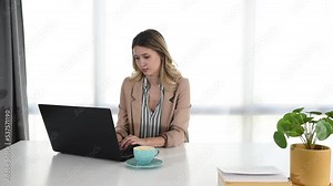 Young business woman expert for financials working in the office on laptop. Female businessperson freelancer work for new company on the computer.