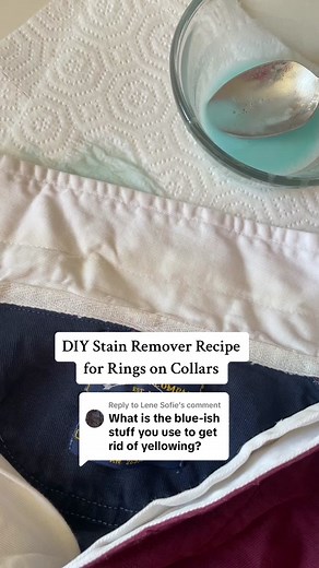Replying to @Lene Sofie my favorite stain remover recipe for yellowing. How to get the yellow ring out of the collar of a shirt. #clothingcaretips #clothinghacks #stainremover #stainremoval #stainremoverhack #laundryhack #cleantok #laundrytok #vintageclothing #thrifttips #resellertips