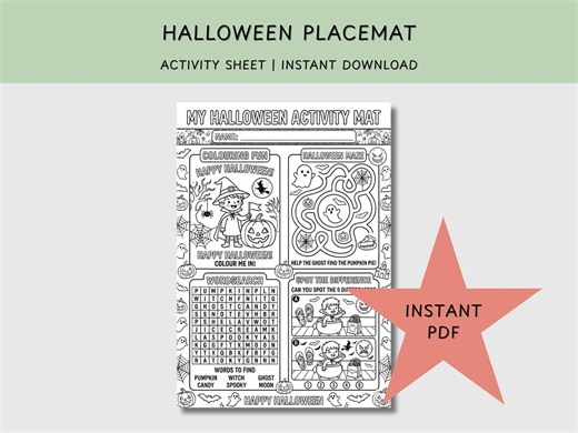 Halloween Coloring Place Mat | Activity Mat for Kids | Halloween Printable Games | Instant Download
