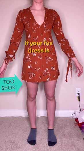 I hate when one of my fav dresses becomes too short☹️, so here's one of my handiest hacks to lengthen any dress or skirt. Let me know if you’d like to see more of my tricks for lengthening outfits! #sewingtiktok #sewing #beforeandafter #alterations #sewingtutorial #sewinghacks #sewingtips #fashiontiktok #fashionhackstutorial #fashionhacks