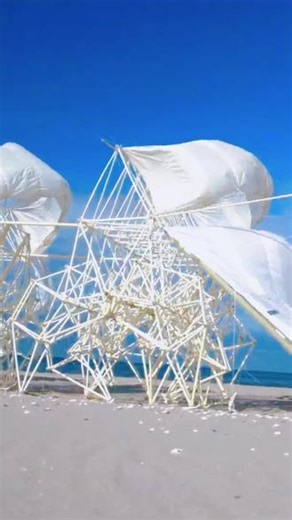 海滩惊现巨大仿生兽！有风就能一直活着艺术家泰奥•扬森(Theo Jansen)在荷兰的希凡宁根海滩创作的仿生兽(Strandbeest)不需要提供动力，只需要一阵风，就能自己行走。仿佛是风的使者，行走人间的精灵。#艺术 #艺术家 #装置艺术 #仿生兽 #设计