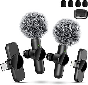 Wireless Lavalier Microphone for iPhone/iPad/Android Phone,Clip on Bluetooth Microphone Wireless Mic Plug-Play, Mini Lapel Microphone for Video Recording/TikTok/YouTube/Vlog (2 Mics & 2 Receivers)