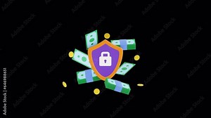 Money protection 3d animation, ALPHA channel. Banknotes, bills, coins and shield. Financial saving insurance, safe business economy, secure online payment. Investment, bank deposit, Cyber security