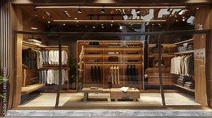 Modern Boutique Display with Natural Wood Accents and Glass Panels in a Luxurious Shopping Environment