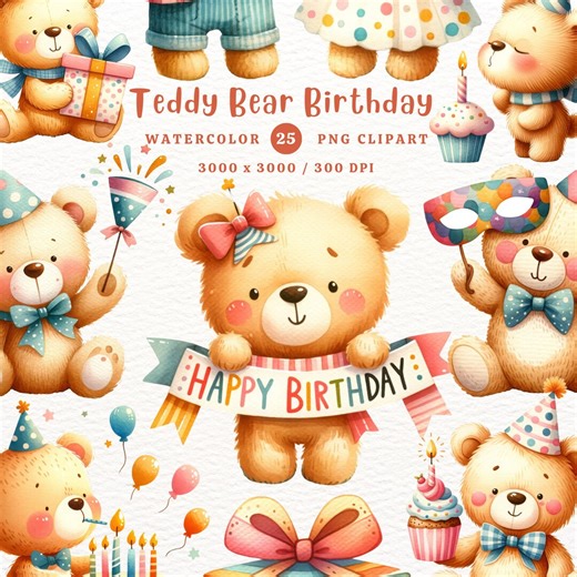Teddy Bear Birthday Watercolor Clipart: 25 PNG Images (digital Download) - Etsy