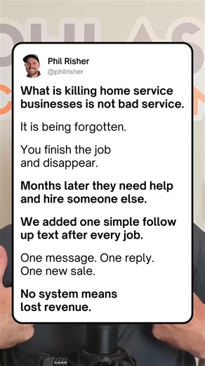 what is killing home service businesses is not bad service. it is being forgotten. You finish the job. The customer is happy. Then you disappear. Months later something breaks again. They search. And hire someone else. Not because you did a bad job. Because they forgot you existed. This happens every day in home services. The job ends. The relationship ends. The revenue opportunity disappears with it. We tested a simple fix with one client. After every job, they sent one quick follow up text. Ju