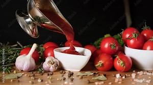 Vegetarian Ketchup pouring from a glass bottle in sauceboat over black background, fresh tomatoes, garlic, pepper and spice near. Adding natural red sauce from bottle. Slow motion, close-up, macro