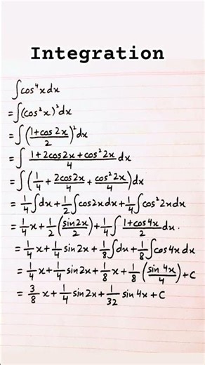 Integral of cos^4 x || Integration of trigonometric functions #shorts #maths #integration