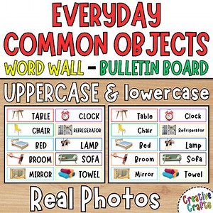 Everyday Common Objects Vocabulary Word Wall and Bulletin Board with Real Photos