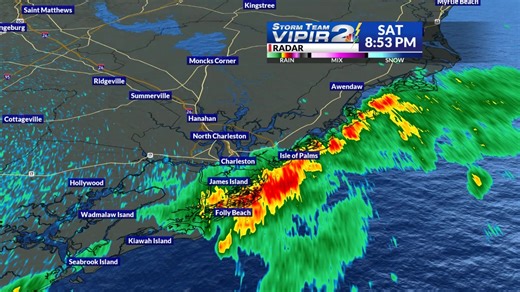 VIPIR RADAR UPDATE as of 9:10pm Saturday (8-23)....Here we go again, another area of heavy rainfall moving from the ocean onshore. Already hearing of road closures in Downtown Charleston due to the high tide. This rain is not going to help. | Rob Fowler Storm Team 2