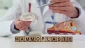 Plastic surgeon demonstrates silicone implant and words mammoplasty...
