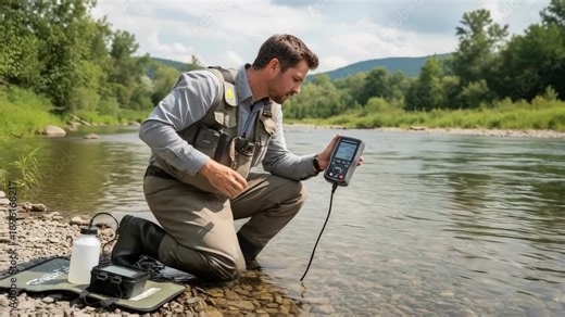 Technician operating digital water quality analyzer to monitor pH and contaminants in a river environment.