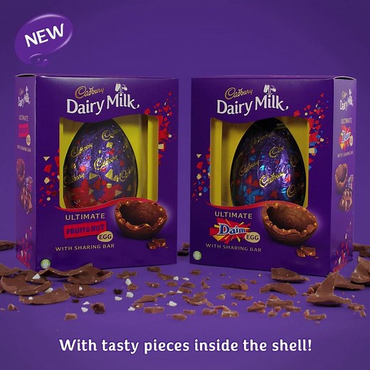 Get your hands on our new Cadbury Dairy Milk Ultimate Easter Eggs. The chocolate shells are packed with tasty pieces of Daim or Fruit & Nut – everything you need for a smashing Easter! | Cadbury UK