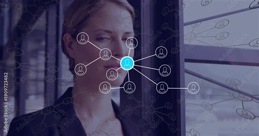 Woman by window watching network appearing over face, blue node expanding, signaling tech insight