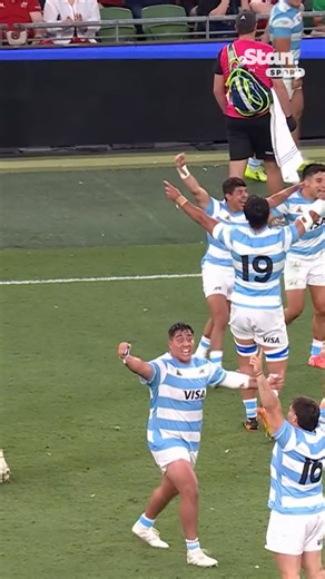 Los Pumas celebrate as they secure a famous win over the British & Irish Lions in Dublin 👏 They crash the Lions farewell party with a 28-24 win. #LionsTour2025 | rugby.com.au