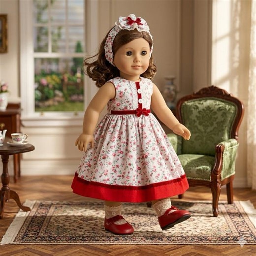 18 Inch Doll Dress With Matching Headband | Floral Print, Red Velvet Trim - Etsy UK