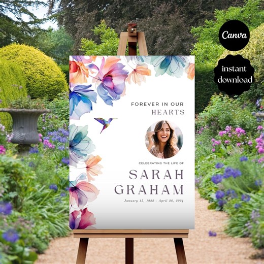 Funeral Poster Board With Flowers and Hummingbird, Floral Funeral Welcome Sign, Memorial Sign, Celebration of Life Decoration - Edit Canva - Etsy