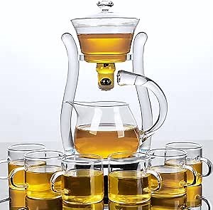 Mozeo Lazy Kungfu Semi-automatic Tea Maker - Glass Teapot with Suction Automatic Water Brewing - Office Flower Tea Set (Clear Teapot + 6pcs Cups)