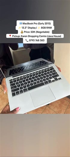 💻 MacBook Pro (Early 2015) ✨ 13.3” Display | ⚡ 8GB RAM 💰 Price: 50K (Negotiable) 📍 Pickup: Karen Shopping Centre (Java House) 📞 0793 768 383