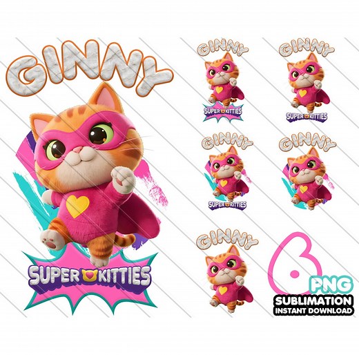 Super Kitties Ginny PNG Bundle - 6 Cute Digital Clipart Images - Cat Themed Sublimation for Kids Birthday Shirts - Instant Download - Etsy