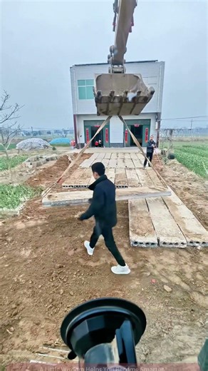 Full Process of Excavator Lifting Concrete Slabs, Rural Construction Sce