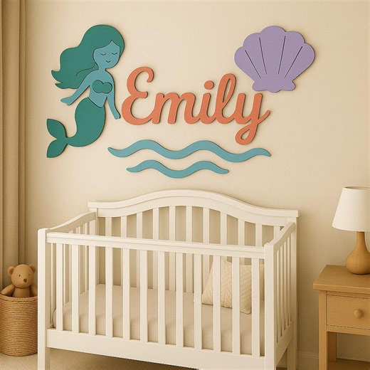 Personalized Wooden Mermaid Name Sign - Custom Nursery Wall Decor, Baby Crib Art, Ocean Theme, 3D Wooden Name Sign, Mermaid Nursery - Etsy