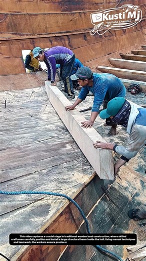Manual Wooden Boat Framing Process – Precision Beam Installation Inside Hull.