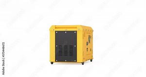 4k Resolution Video: Big Yellow Outside Auxiliary Electric Power Generator Diesel Unit Mockup for Emergency Use. Seamless Looped Rotating on a white background with Alpha Matte