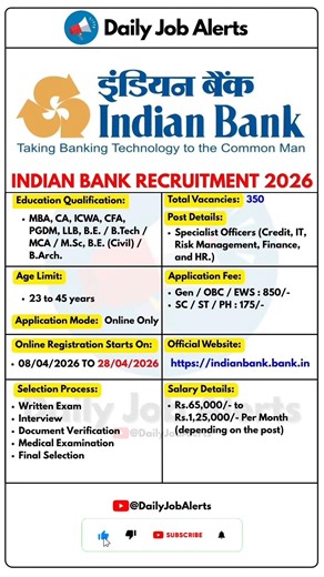 Indian Bank Recruitment 2026 | New Vacancy 2026 | Daily Job Alerts #shorts