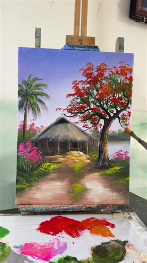 Easy Spring Landscape Painting with Blooming Flowers