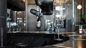 A robot in the form of a metal hand pours wine into a glass. Robotics instead of a bartender.