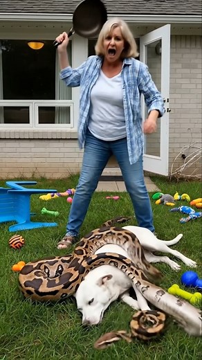 Brave woman saves dog from giant snake 🐶 #snakeattack #dogrescue A terrifying moment caught on a backyard camera. A giant python attacks a pet dog, coiling around the helpless animal. The brave owner rushes out, screaming, and uses a frying pan to fight off the massive snake. This dramatic animal rescue shows the desperate fight to save her beloved pet from a deadly predator. This shocking snake attack footage is every pet owner's worst nightmare. Witness the courage of this woman protecting he