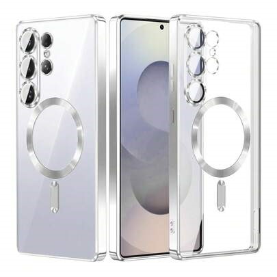 1pc Alloy TPU Magnetic Style Silver Magnetic Electroplated Edging Metal Glossy Transparent TPU Built-In Strong Magnet Compatible Wireless Charging Ultra-Thin Original Machine Feel Anti-Yellowing Scratch-Resistant Shockproof Camera Protection Phone Case Compatible With Samsung Galaxy S26Ultra/S26Plus/S26/S26Edge/S26Pro/S25Ultra/S25Plus/S25/S25Edge/S25FE/A57/A37A17/A07/A56/A36/A26/A55/A35/A25/A15/A24/A34/A14/A16/A06/A05S, Apple 17pro/17promax/Air/17/17E/16pro/16promax/16plus/16/16E, International 