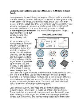 Homogeneous Mixtures - Middle School Science Reading Worksheet - 100% Editable