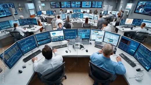 Command Center Operations: A state-of-the-art control room bustles with activity, analysts deeply engaged in monitoring complex data streams across an array of monitors.