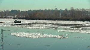 River Ice Tugboat and Logboom. 4K UHD. A tugboat towing a log boom through Fraser River ice. 4K. UHD.